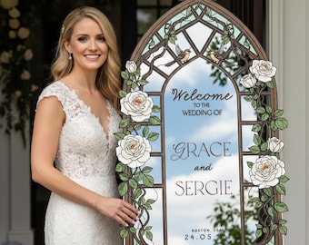 Cream Roses Wedding Sign,  Floral Stained Glass Wedding Welcome Sign, Mirror Welcome To The Wedding Of Signs, Printed Wedding Signage