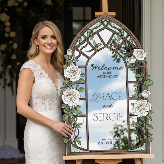 Cream Roses Wedding Sign,  Floral Stained Glass Wedding Welcome Sign, Mirror Welcome To The Wedding Of Signs, Printed Wedding Signage