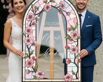 Floral Wedding Welcome Sign, Cherry Blossom Stained Glass Wedding Signs, Acrylic Floral Wedding Signs, Printed Wedding Signage