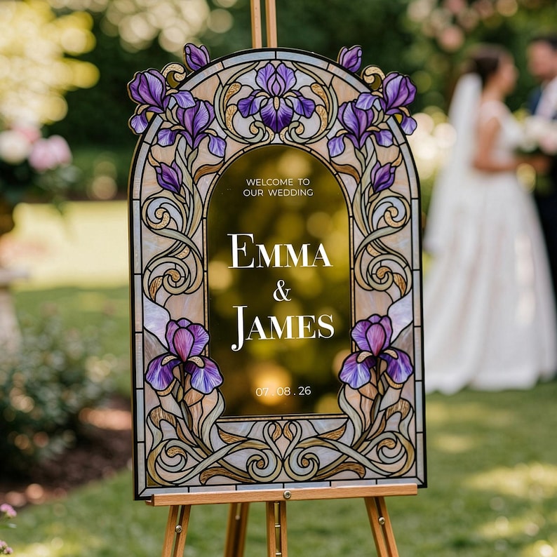 May include: An arched wedding welcome sign featuring a stained glass style border with purple iris flowers and gold scrollwork. The center text reads: Welcome to our wedding, Emma & James, 07.08.26. The sign is displayed on a wooden easel.