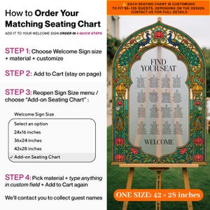 K&ouml;nnte beinhalten: Ein rechteckiges Sitzplan-Schild mit bogenf&ouml;rmigem Oberteil, verziert mit einem Buntglas-Rahmen aus Pfauen und Lotusblumen. Der Text lautet FIND YOUR SEAT und WELCOME. Das Schild misst 42 mal 28 Zoll und enth&auml;lt eine Anleitung zur Bestellung.