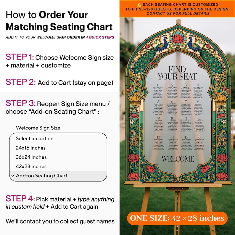 K&ouml;nnte beinhalten: Ein rechteckiges Sitzplan-Schild mit bogenf&ouml;rmigem Oberteil, verziert mit einem Buntglas-Rahmen aus Pfauen und Lotusblumen. Der Text lautet FIND YOUR SEAT und WELCOME. Das Schild misst 42 mal 28 Zoll und enth&auml;lt eine Anleitung zur Bestellung.