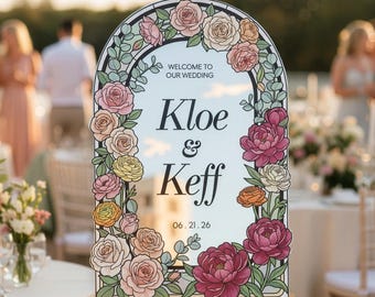 Red Roses Stained Glass Wedding Sign, Custom Mirror Wedding Welcome Signs, Floral Wedding Decorations