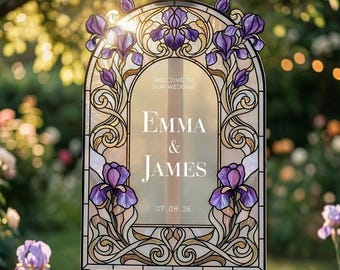 Purple Wedding Welcome Sign, Iris Wedding Signs, Acrylic Floral Wedding Signs, Stained Glass Wedding Signage
