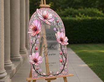 Peony Rose Bridal Shower Welcome Sign, Floral Pink Bridal Shower Sign, Stained Glass Bridal Entrance Sign, Printed Signs Mirrored Or Acrylic