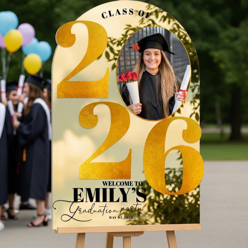 Custom Graduation Sign, Printed Graduation Photo Sign, Graduation Party Sign with Picture, Acrylic Graduation Party Decorations Gold Acrylic Mirror