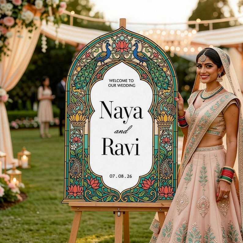 K&ouml;nnte beinhalten: Ein bogenf&ouml;rmiges Hochzeitsschild auf einer Holzstaffelei mit einem Rand im Buntglas-Stil, verziert mit Pfauen- und Lotusblumenmotiven. Der wei&szlig;e Text in der Mitte lautet Welcome to our wedding, Naya and Ravi, sowie das Datum 07.08.26.