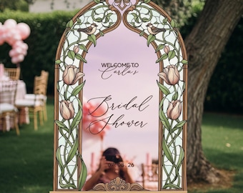 Mirror Bridal Shower Sign, Floral Pink Stained Glass Bridal Shower Mirror Welcome Signs, Tulip Bridal Shower Entrance Signs