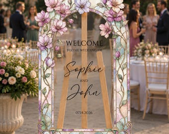 Custom Wedding Sign, Pink Magnolia Wedding Welcome Sign, Clear Acrylic Wedding Entrance Sign