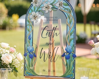 Floral Wedding Welcome Sign, Acrylic Wedding Sign, Lily Welcome To Our Wedding Signs, Blue Wedding Decorations
