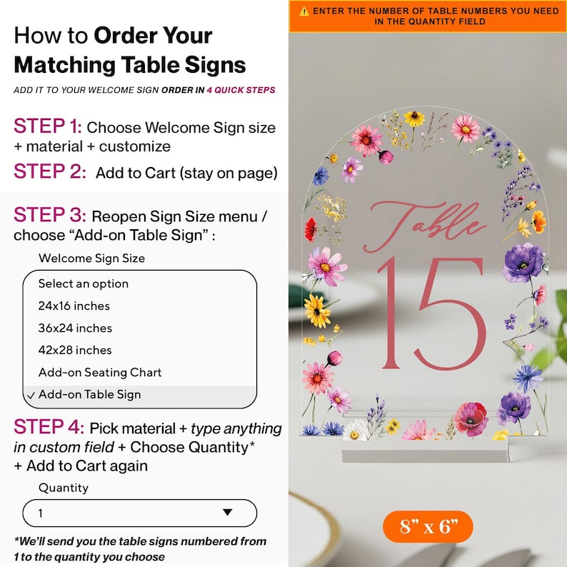 May include: An arched clear acrylic table sign featuring a colourful floral border with pink, purple, yellow, and blue wildflowers. The sign displays the text "Table 15" in a pink serif font. An orange label at the bottom indicates 20.3 x 15.2 cm.