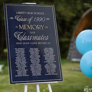 May include: A blue and gold sign with the text "Liberty High School Class of 1990" and "In Memory of Our Classmates Who Have Gone Before Us." The sign lists the names of classmates in gold lettering.