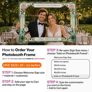 K&ouml;nnte beinhalten: Ein rechteckiger Fotobooth-Rahmen mit einem Buntglas-Muster aus rosa Blumen und gr&uuml;nen Akzenten. Der obere Text lautet WELCOME TO THE WEDDING OF und der untere JAKE AND CLARIE. Der Rahmen ist 36 mal 24 Zoll gro&szlig;.