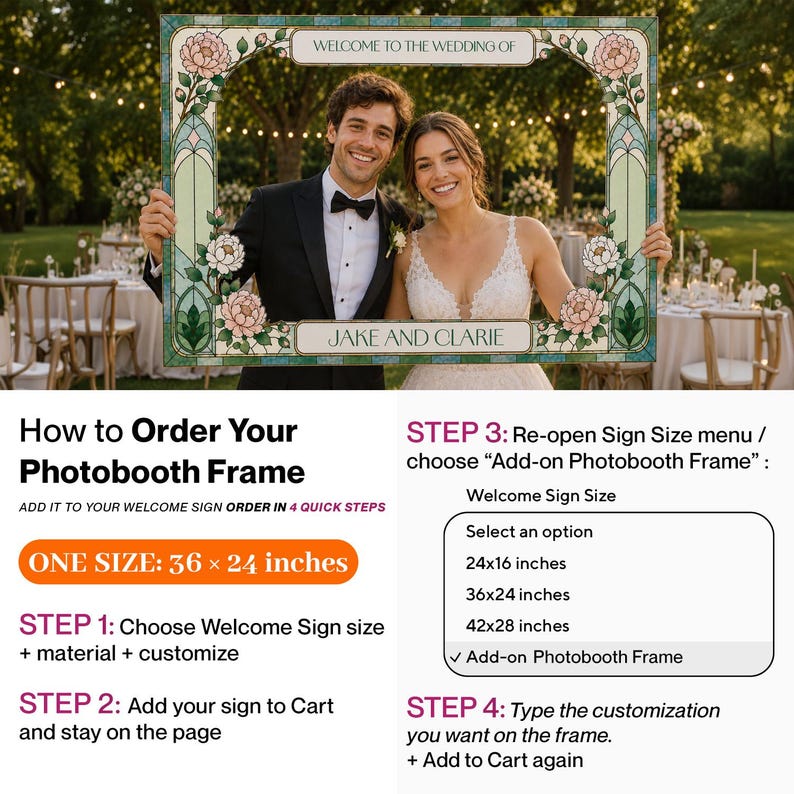 K&ouml;nnte beinhalten: Ein rechteckiger Fotobooth-Rahmen mit einem Buntglas-Muster aus rosa Blumen und gr&uuml;nen Akzenten. Der obere Text lautet WELCOME TO THE WEDDING OF und der untere JAKE AND CLARIE. Der Rahmen ist 36 mal 24 Zoll gro&szlig;.