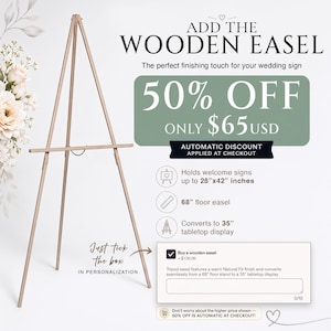 May include: A light-colored wooden tripod easel with a natural fir finish. The easel stands 68 inches tall as a floor display and converts to a 35-inch tabletop display. It is designed to hold signs up to 28 inches by 42 inches in size.