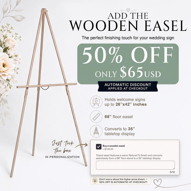 May include: A light-colored wooden tripod easel with a natural fir finish. The easel stands 68 inches tall as a floor display and converts to a 35-inch tabletop display. It is designed to hold signs up to 28 inches by 42 inches in size.