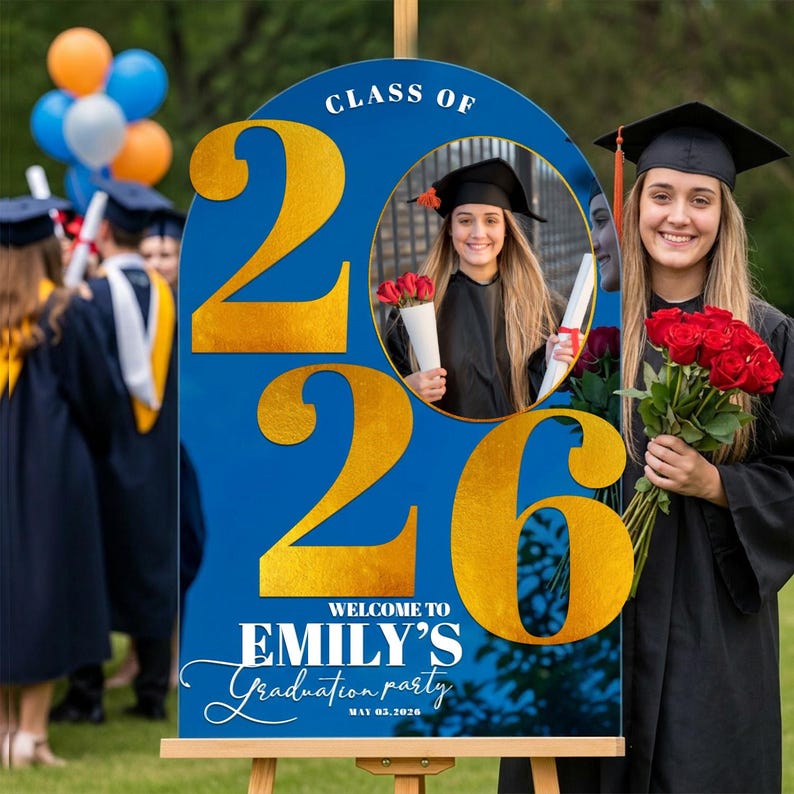 Custom Graduation Sign, Printed Graduation Photo Sign, Graduation Party Sign with Picture, Acrylic Graduation Party Decorations Blue Acrylic Mirror