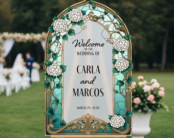 White Gardenia Stained Glass Wedding Sign, Custom Acrylic Wedding Welcome Signs, Green Welcome To Our Wedding Signage