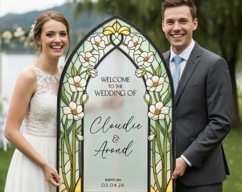 Floral Arched Wedding Welcome Sign,  Flowers Stained Glass Wedding Signs, Acrylic Wedding Signs, Printed Wedding Signage