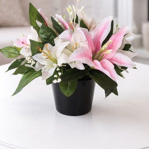 May include: A floral arrangement featuring pink and white lilies with green leaves in a black pot. The lilies have a delicate appearance, with some petals edged in pink. The arrangement sits on a white table, creating a contrast with the dark pot.