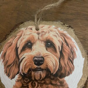 May include: A round wooden ornament featuring a detailed portrait of a brown and tan dog. The dog has a fluffy coat and dark eyes. The ornament has a natural wood grain edge with a gold painted border and a jute twine hanger.
