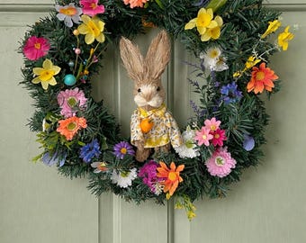 Corona de conejito, corona de conejito de Pascua, corona de primavera para puerta, decoración de Pascua para puerta principal, colgador de puerta, corona de primavera