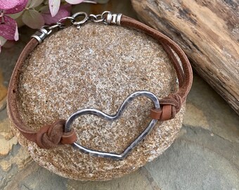 Sterling Silver Heart and Leather Bracelet