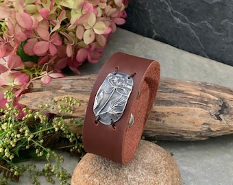 Recycled Sterling Silver Queen Anne’s Lace Brown Leather Cuff Bracelet