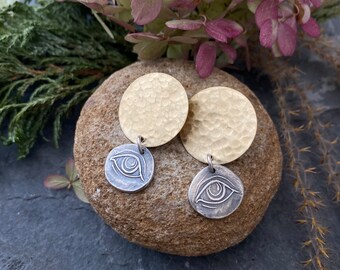 Hammered Brass Discs with Sterling Silver Eye Post Earrings