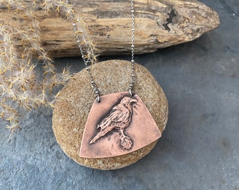 Copper Crow on Sterling Silver Bead Chain Necklace