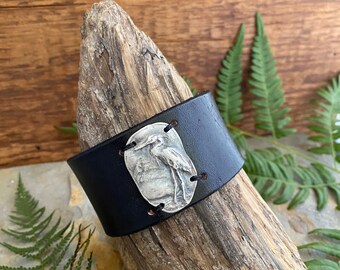 Great Blue Heron | Talisman | Self Reliance | Self Determination | Recycled Sterling Silver Leather Cuff