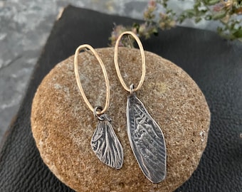 Asymmetrical Recycled Sterling Silver Cicada Wings with 14k Gold-Filled Oval Post Earrings