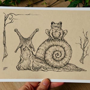 Art print - Snail and toad cute, marginalia artwork funny, medieval fantasy fairytale drawing, children book illustration, gift idea reader