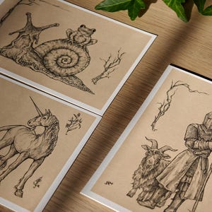 Lot de 3 cartes postales - Tirages beaux-arts | Impression d’art magique, marginalia dessin fantastique, illustration médiévale graphite