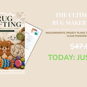 Pode incluir: Imagem de um guia de tufting de tapetes intitulado "RUG TUFTING". A capa apresenta desenhos de tapetes coloridos, incluindo um smiley, uma nuvem, um urso e um peixe. O guia é para iniciantes e oferece modelos.