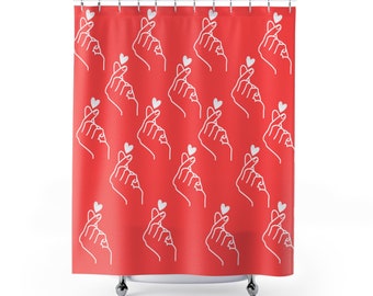 Cute Quirky Red and White Korean Finger Love Heart Polyester Shower Curtain for Bathroom 71 x 74