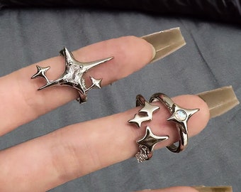 Vintage zilveren Y2k Star Rings - Y2k Egirl Silver Cross Star Rings, onregelmatige ringen, verstelbare koppels ringen, gotische Y2k sieraden voor haar