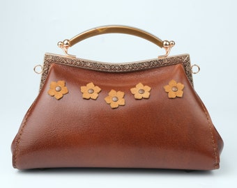 Handmade Cupola Shoulder Bag in Lamb Leather with Floral Details and Chain Strap