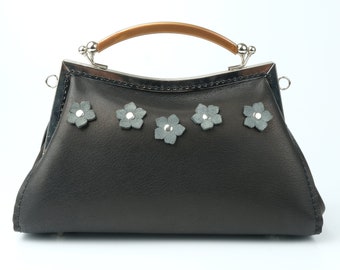 Handmade Cupola Black Shoulder Bag in Lamb Leather with Floral Details and Chain Strap