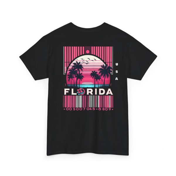 Tee-shirt  été Noir Florida Manches Courtes Palmier Coucher Soleil Rétro Unisexe ZENA-YK Vintage Plage Vacances