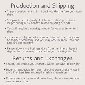 May include: Production and shipping information for an online store. The text describes the production time, shipping time, tracking numbers, and return policy. The text also notes that orders with multiple items may be shipped separately.