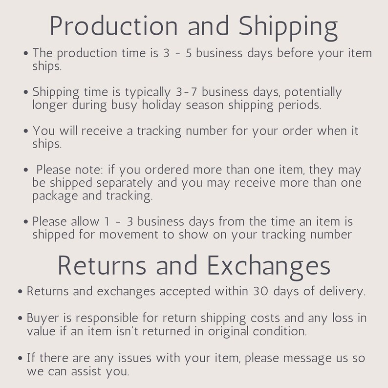 May include: Production and shipping information for an online store. The text describes the production time, shipping time, tracking numbers, and return policy. The text also notes that orders with multiple items may be shipped separately.