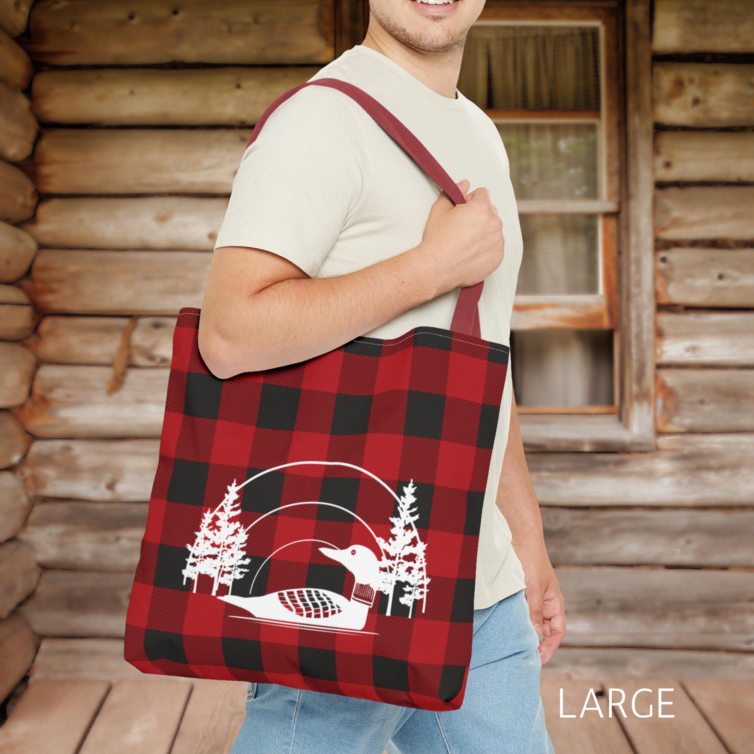 Loon Tote Bag Gift, Lake Life Cabin Minnesota Vacation Weekend Nature, Buffalo Plaid, Lake Lover Tote Bag Gift for Her, For Bird Watcher