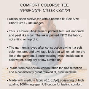Comfort Colors® T-shirt product information image with a soft beige background. Text details the relaxed unisex fit, Direct-To-Garment printing process, garment dyeing for a vintage look, and high-quality pre-shrunk cotton fabric. Mentions care instructions for longevity. A subtle faded image of a model wearing the tee is in the background, enhancing the aesthetic while keeping the focus on the text.