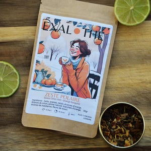 May include: A brown paper bag with a colorful illustration of a woman drinking tea in a snowy orange grove. The bag is labeled "Exal The" and "Zeste Polaire Saveur Citron Vert - Orange Sanguine". The text on the bag also includes the ingredients: "Datte, ananas, raisin, écorces d'orange, écorces citron, arôme naturel, tranches d'orange, écorces de mandarine, fleurs de souci." The bag also includes the weight: "50gr" and the expiration date: "DLUO 11/04/2026".