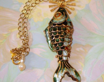 Vintage Cloisonne Articulated Fish, Green Details, Textured Raw Brass, Gold Tone adjustable Chain, Clasp, Pearls, Fish Pendant Necklace