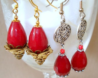 Ruby Zoiste Faceted Pear Shape Beads, Gold or Silver Tone Open Work Details, Dangling Earrings, Hook Ear Wires, Your Choice