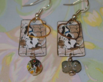 Dog Tins with Grey Glass Bone Bead, Millefiori Colorful Ball Bead, Open Heart, Best Friend,  Dog Tin Earrings, Silver Plated Hook Wires