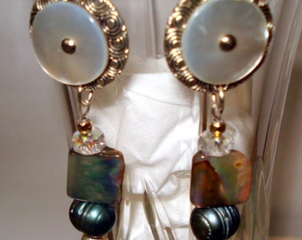 Vintage Grey Shell Buttons, Abalone Paua Beads, Grey and Bluish Fresh Water Pearls, Clear Faceted Crystals, Textured Connectors, Earrings