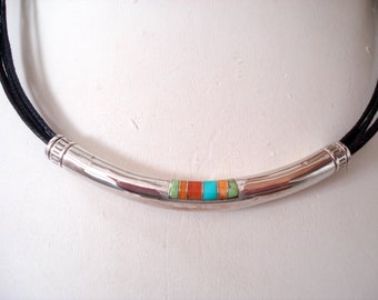 Sterling Silver Inlaid Multi Gemstone Curved Tube, Black Leather Cords, Cones, Lobster Clasp, Southwestern, Turquoise, Coral, Spiny Oyster